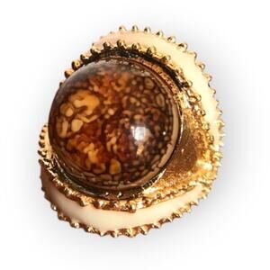 Vintage natural tones adjustable size ring - faux tortoise, cream enamel